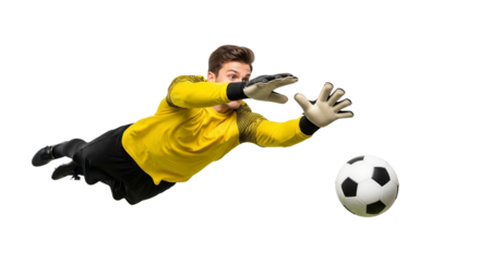 Dynamic save attempt showcasing soccer goalie in action against a white background in dramatic action a high-energy shot emphasizing skill and