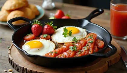 Rustic Wooden Table Breakfast Featuring Skillet Full Of Traditional English Food