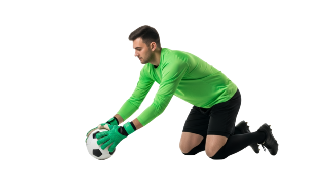 Goalkeeper securing soccer ball demonstrating control and preparedness on clear white backdrop capturing the intensity of the athlete in a defining