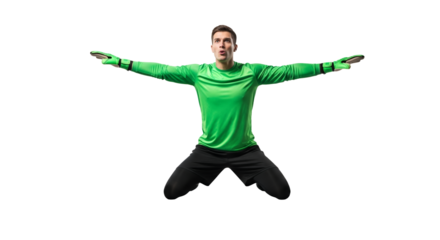 Focused goalkeeper in green jersey kneels, arms outstretched against white backdrop, ready to make a save with intensity showing in his eyes