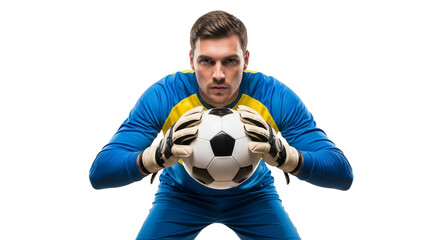 Intense focus goalkeeper poised to defend, clutching soccer ball with determination against a bright white backdrop ready for action on the field