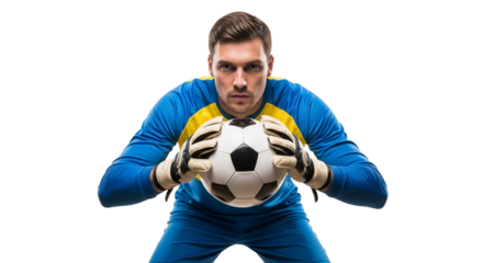 Intense focus goalkeeper poised to defend, clutching soccer ball with determination against a bright white backdrop ready for action on the field