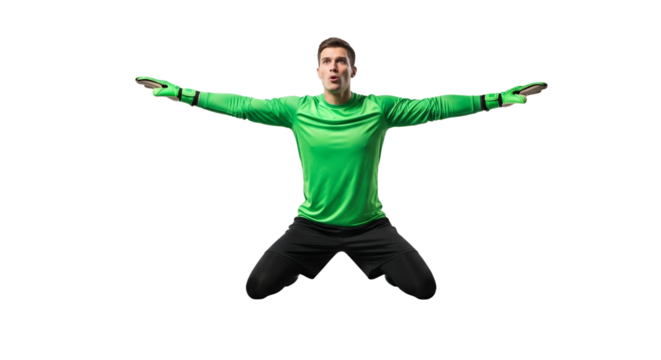 Focused goalkeeper in green jersey kneels, arms outstretched against white backdrop, ready to make a save with intensity showing in his eyes