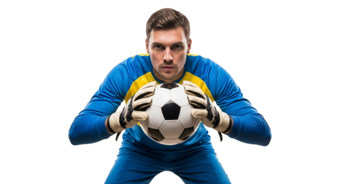 Intense focus goalkeeper poised to defend, clutching soccer ball with determination against a bright white backdrop ready for action on the field