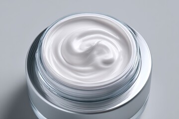 Close-up of a clear glass jar filled with creamy, white lotion.  The lotion swirls within the jar, creating a smooth texture.  A muted gray background complements the product