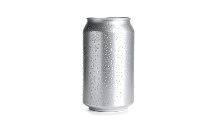 Sleek Silver Beverage Can With Condensation Against A Clean White Background