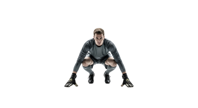 Focused goalkeeper poised for action in a stark white environment expressing readiness athletic skill agility strength determination and control - Powered by Adobe