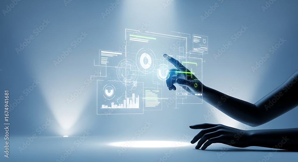 Aufkleber a robotic arm interacting with a digital interface on a bright futuristic background with data graph