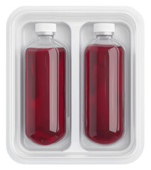Two sealed bottles filled with red liquid in white plastic tray