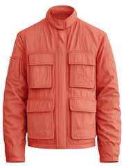 Orange utility jacket with multiple front pockets, designed for functionality and style
