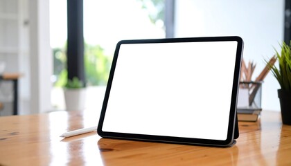 Tablet Mockup Displayed On Wooden Desk With Stylus And Greenery In Airy Office Environment