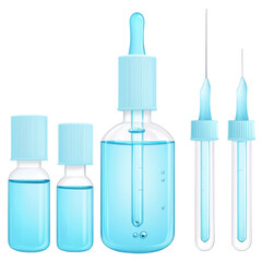 Blue medical dropper bottles and syringes isolated on transparency background