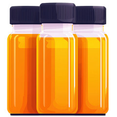 Three amber colored plastic bottles with dark caps, arranged in row