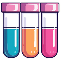 Colorful test tubes with vibrant liquids in blue, orange, and pink shades