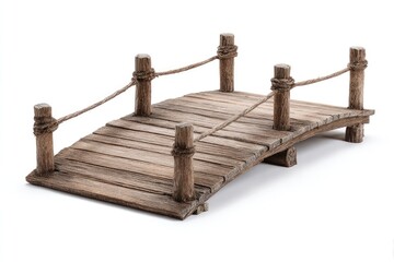 Obraz premium Miniature wooden bridge, weathered brown tones, rope railing, isolated white background