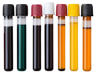 Colorful blood sample tubes in row, isolated on transparency background