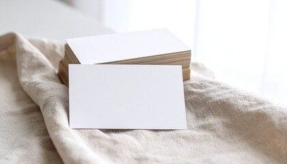 Stack Of Blank Business Cards On Beige Linen Cloth With Soft Natural Window Light