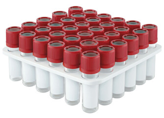 Blood collection tubes with red caps arranged in tray for laboratory use