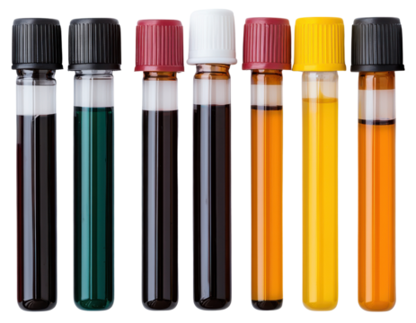 Colorful blood sample tubes in row, isolated on transparency background