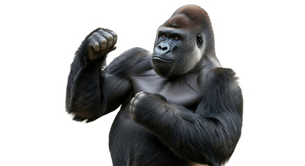 Dominant Gorilla with Fists Ready on White Backdrop: Majestic Primate Displaying Power and Strength Portrayal of Endangered Species