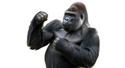 Dominant Gorilla with Fists Ready on White Backdrop: Majestic Primate Displaying Power and Strength Portrayal of Endangered Species