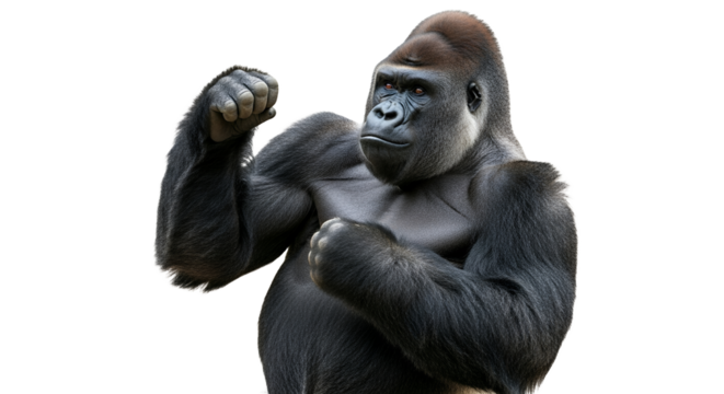 Dominant Gorilla with Fists Ready on White Backdrop: Majestic Primate Displaying Power and Strength Portrayal of Endangered Species