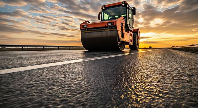 A powerful orange road roller machine carefully compacts freshly laid asphalt, performing essential road repair work under a beautiful sunset sky.