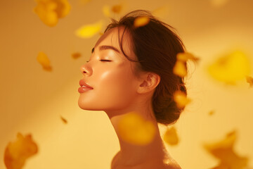 Fototapeta premium 舞い踊る紅葉と黄金カラーの中で映える美肌ポートレート（季節感 ビューティー 美的）
