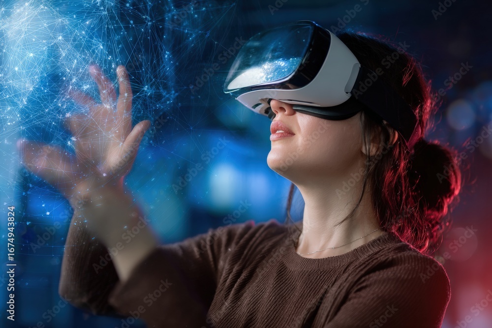 Poster software developer wearing virtual reality headset interacting with network data visualization in cy