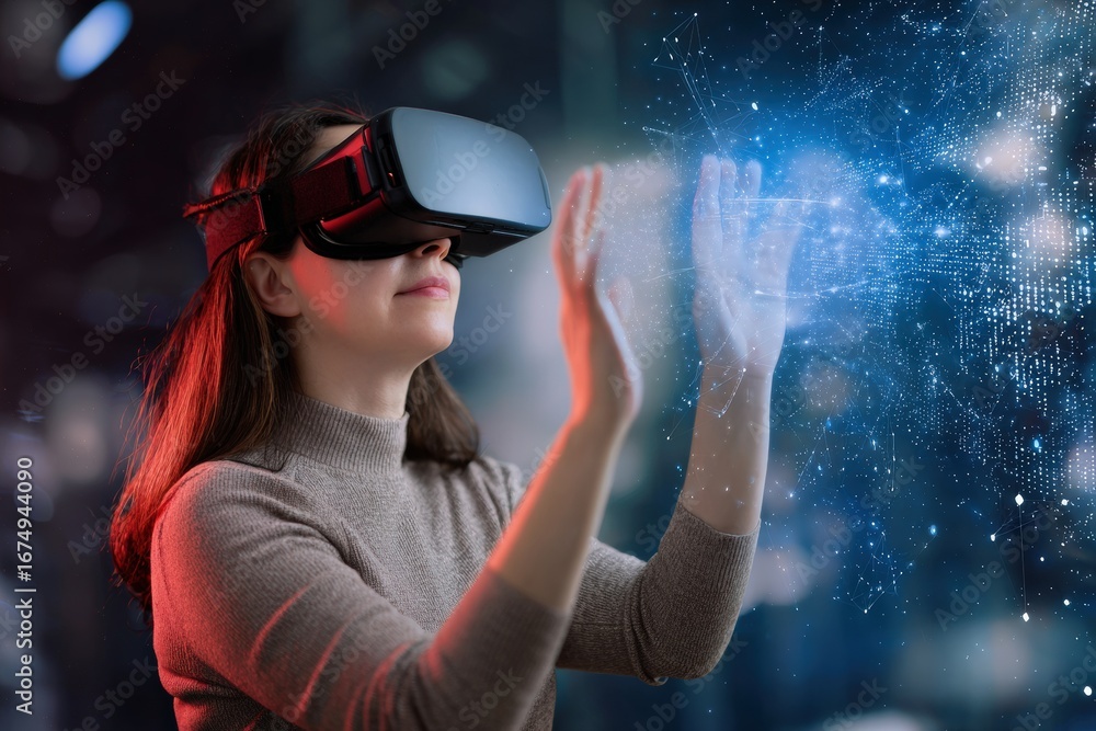 Poster woman using vr headset is interacting with a digital interface, experiencing augmented reality