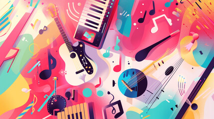 World Music Day celebration banner, musical instruments icons, abstract pastel gradient background, modern flat design, vector illustration