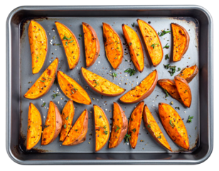 Golden Roasted Sweet Potato Wedges on Baking Tray, isolated on transparent background.