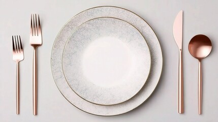Elegant rose gold and white tableware setting on textured light background, featuring fine china plates, glasses, cutlery arranged in an exquisite dining arrangement, perfect for  sophisticated dining