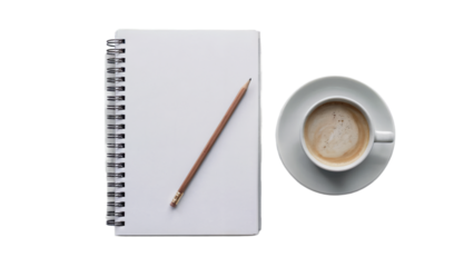 A blank spiral notebook with a pencil and a cup of coffee on a saucer, isolated on transparent background