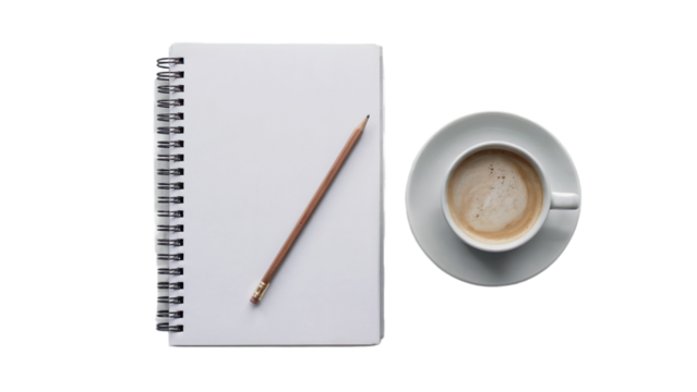A blank spiral notebook with a pencil and a cup of coffee on a saucer, isolated on transparent background