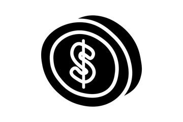 The image shows a black and white isometric icon of a coin.