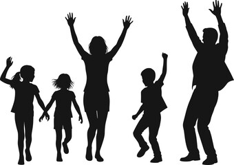Silhouettes of Happy Family Dancing Together &ndash; Parents and Children Celebrating, Having Fun, and Enjoying Quality Time Vector Illustration