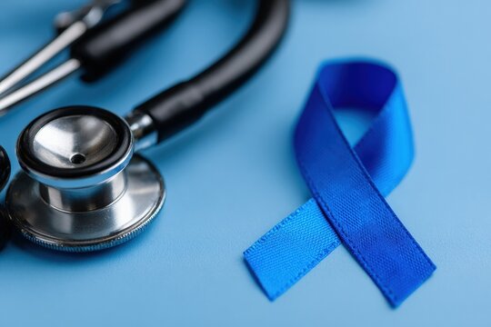 Blue ribbon and stethoscope symbolize colon cancer awareness, promoting early detection and support for patients and families - Powered by Adobe