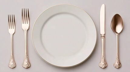 Elegant rose gold and white tableware setting on textured light background, featuring fine china plates, glasses, cutlery arranged in an exquisite dining arrangement, perfect for  sophisticated dining