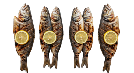 Four grilled fish with lemon slices, nicely arranged on a black background