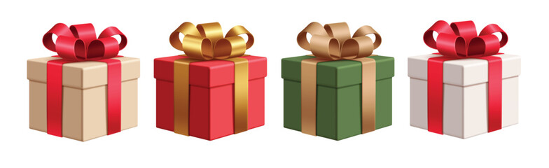 Christmas gifts elements clipart set. Christmas gift boxes clip art 3d collection with elegant ribbon tie decoration for seasonal ornaments graphic design vector illustration.
