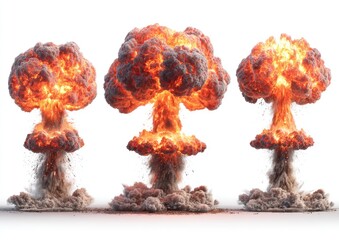 Three sequential atomic bomb explosions against a white background, showing the mushroom cloud formation, flames, and debris