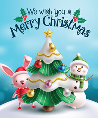 Merry Christmas invitation card clipart poster design. Christmas greeting card with cute snowman, happy bunny characters and Xmas pine tree decoration elements for seasonal holiday design vector 