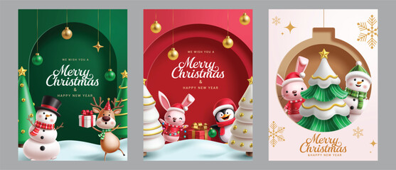 Christmas greeting card clipart poster set. Merry Christmas and Happy New Year invitation card with cute snowman, reindeer, bunny and penguin characters in paper cut template collection vector  © AmazeinDesign