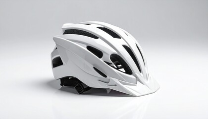 Sleek White Bicycle Helmet on Glossy Surface, Studio Lighting, Safety Gear.
