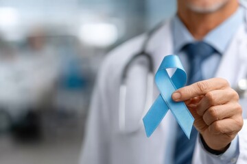 Doctor holding a light blue ribbon, symbolizing prostate cancer awareness and promoting support for men's health initiatives