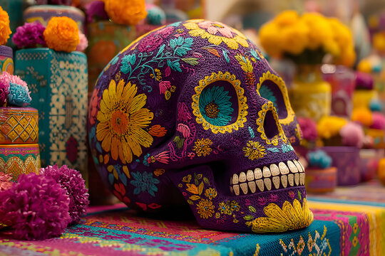 Colorful skull on colorful traditional Day of the Ded "ofrenda"
