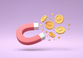 Horseshoe magnet attracting golden coins gold coins