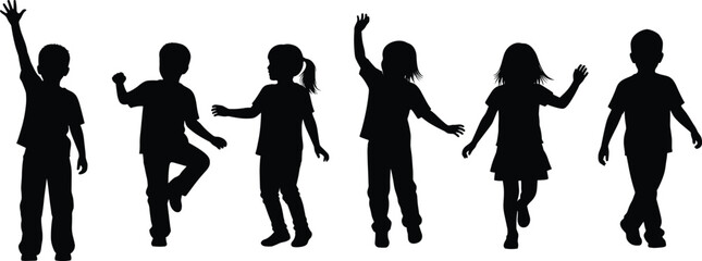 Vector Silhouette of Happy Children Jumping, Dancing, and Playing Together – Kids Fun, Joy, and Childhood Activity Illustration
