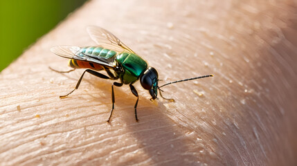 Close up Of A Insect Feeding On Human Skin Outdoors